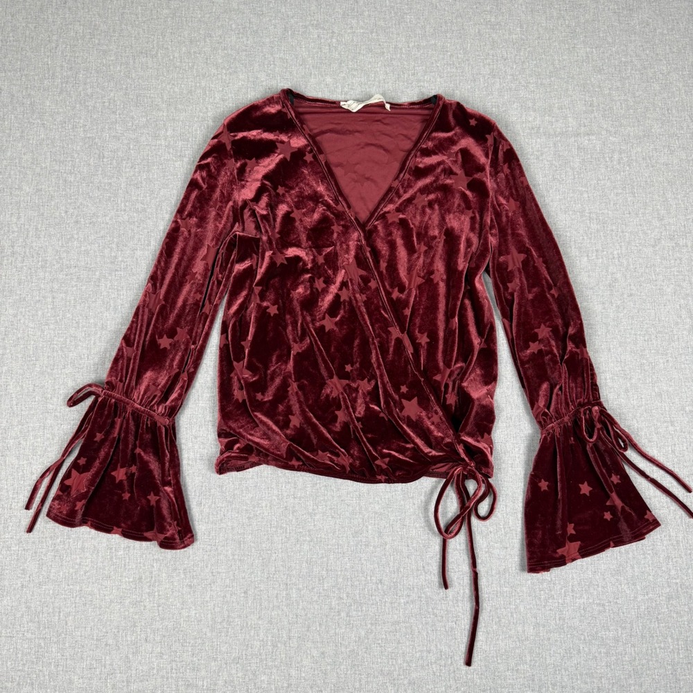 Vintage Havana Burgundy Star Velvet Wrap Top Small Boho Bell Sleeve Slit
